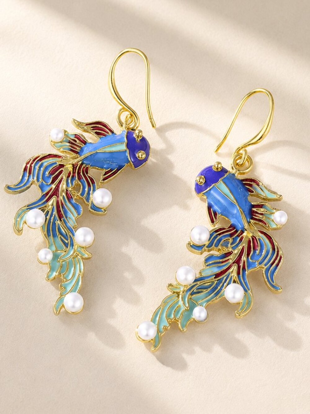 ✨ Colorful Koi Fish Pearl Drop Earrings Gold Tone Statement Dangles